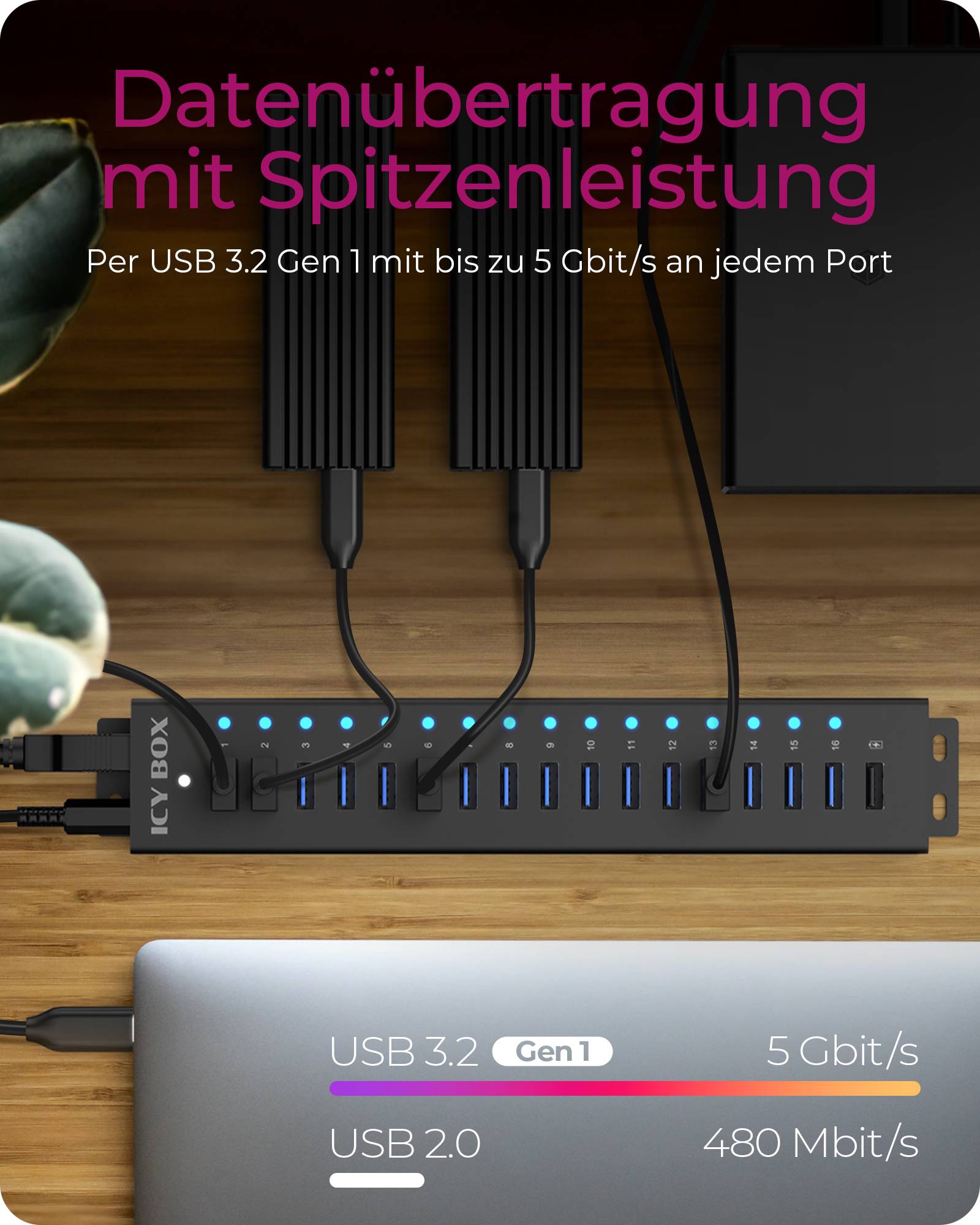 IB-HUB1717-U3, 16+1 port USB Hub, 16x USB, 1x USB Laden, USB 3.2 Gen 1, 96W Netzteil, Aluminium, schw.