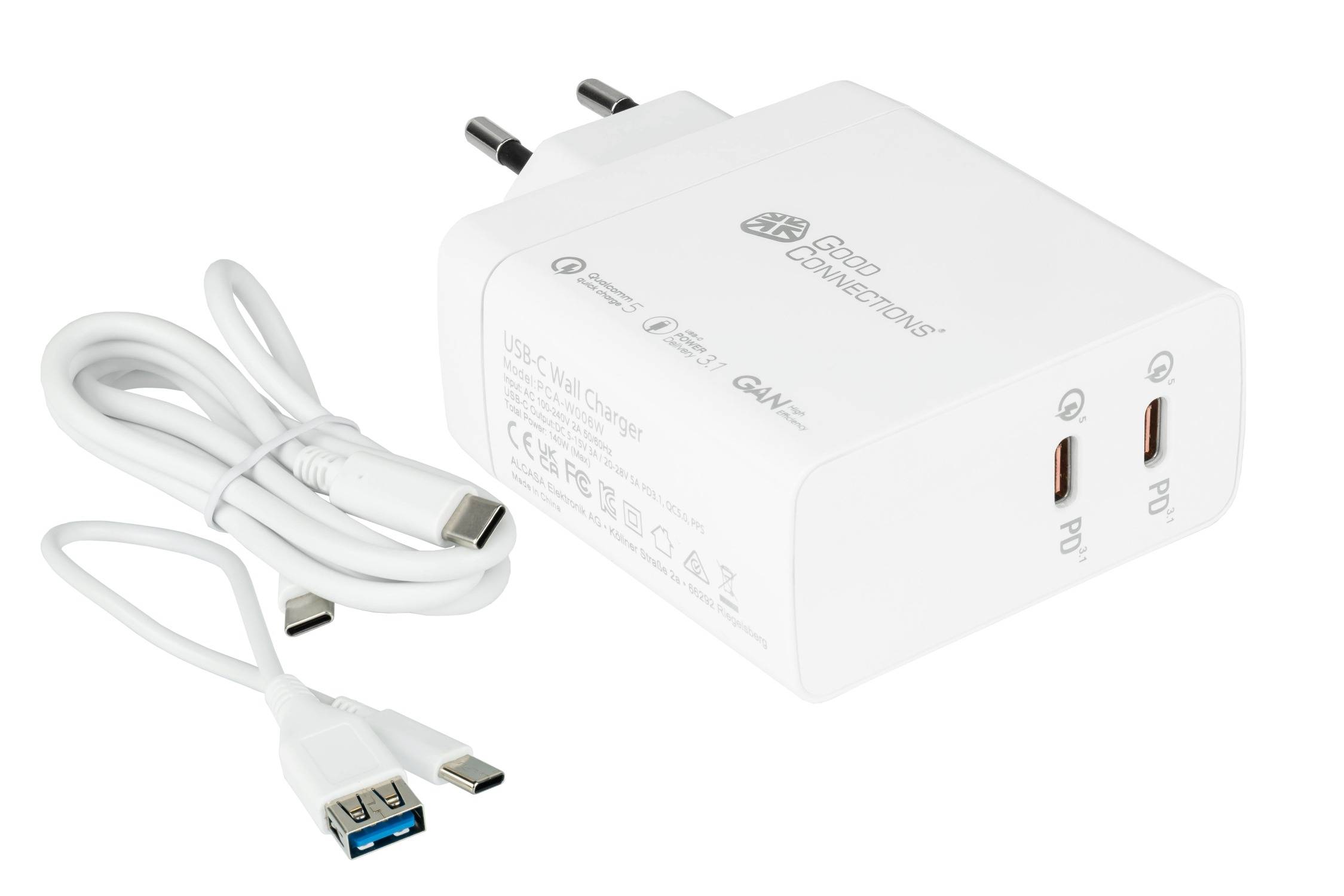 USB-Schnellladegerät 140W mit GaN-Technologie, 2-Port (2x USB-C™), PD 3.1, QC 5, PPS, weiß, Good Connections®