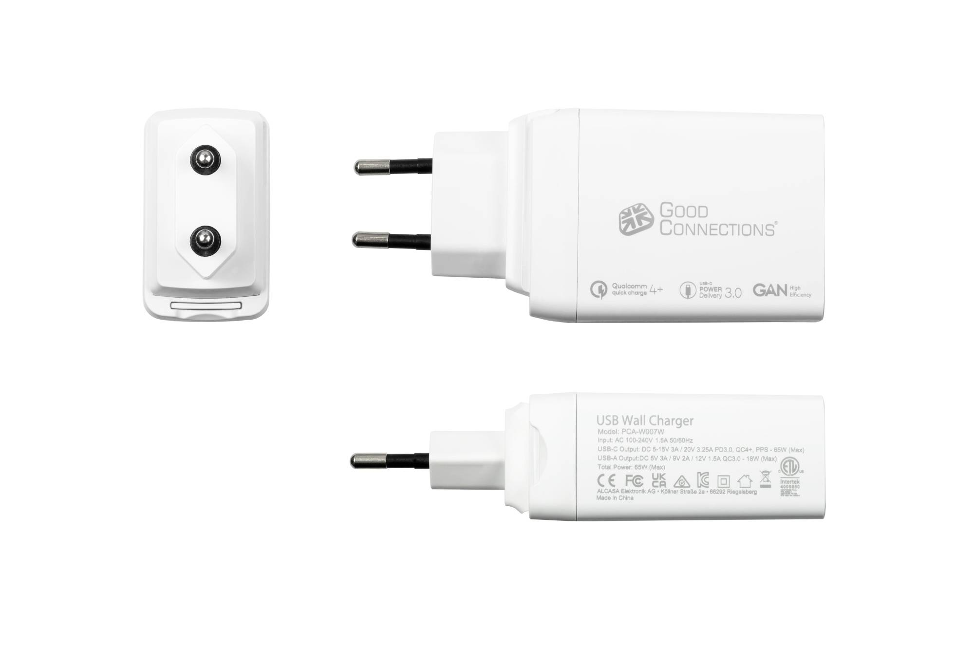 USB-Schnellladegerät 65W mit GaN-Technologie, 3-Port (2x USB-C™ und 1x USB-A), PD 3.0, QC 3.0, weiß, Good Connections®