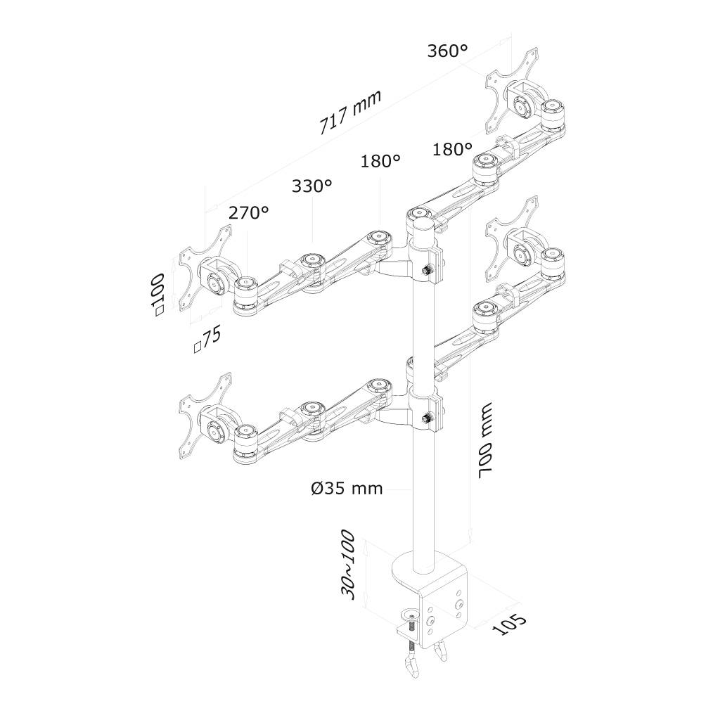 Neomounts FPMA-D935D4 4fach Monitor-Tischhalterung 25,4 cm (10") - 68,6 cm (27") Silber Neigbar, Schwenkbar, Rotierbar