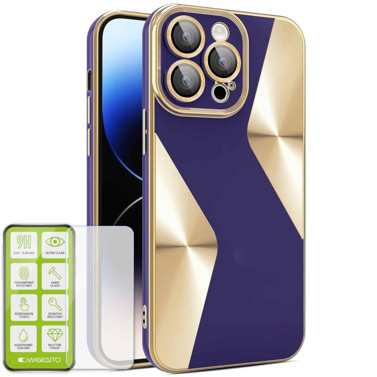 Für Apple iPhone 15 Pro Produktset Electroplated Silikon TPU + H9 Hart Glas Schutz Hülle Case Cover Zubehör Dunkellila