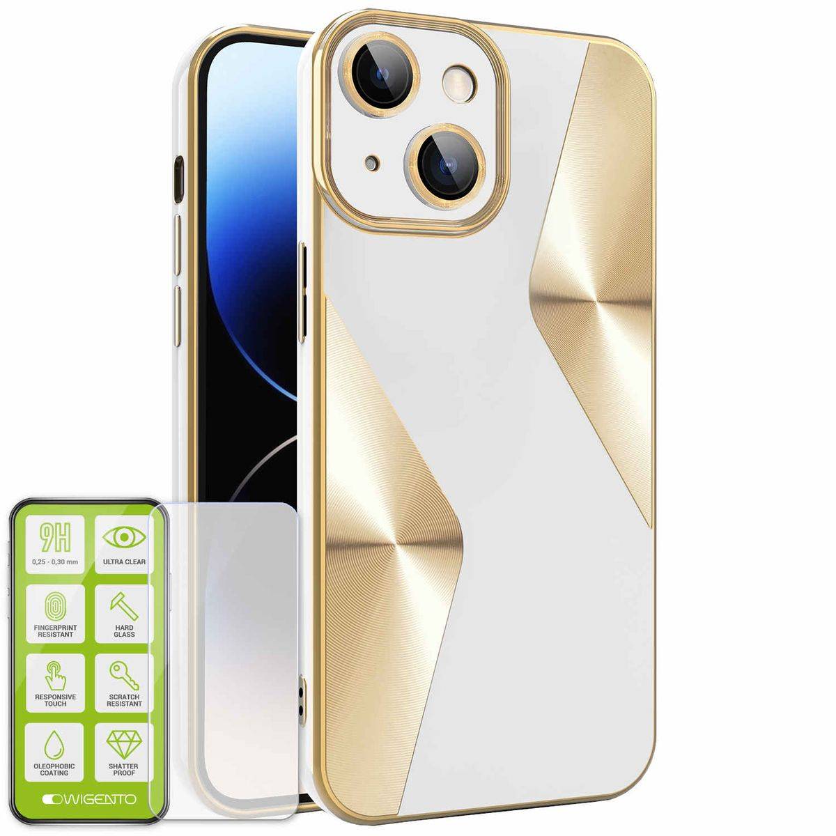 Für Apple iPhone 15 Produktset Electroplated Silikon TPU + H9 Hart Glas Schutz Hülle Case Cover Etuis Zubehör Weiß