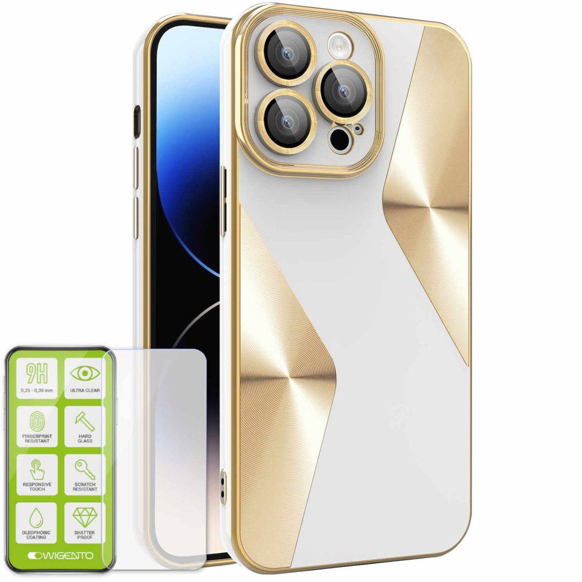 Für Apple iPhone 15 Pro Produktset Electroplated Silikon TPU + H9 Hart Glas Schutz Hülle Case Cover Zubehör Weiß