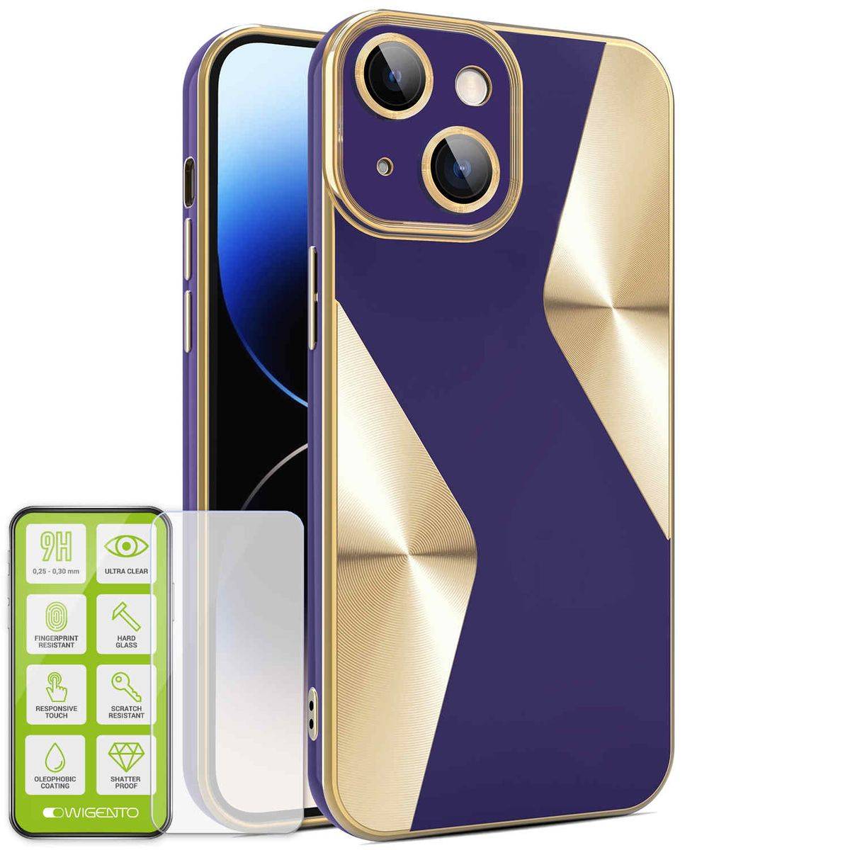Für Apple iPhone 15 Produktset Electroplated Silikon TPU + H9 Hart Glas Schutz Hülle Case Cover Etuis Zubehör Dunkellila