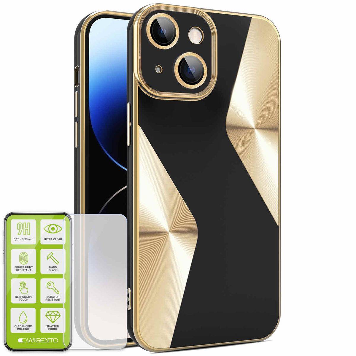 Für Apple iPhone 15 Plus Produktset Electroplated Silikon TPU + H9 Hart Glas Schutz Hülle Case Cove Zubehör Schwarz