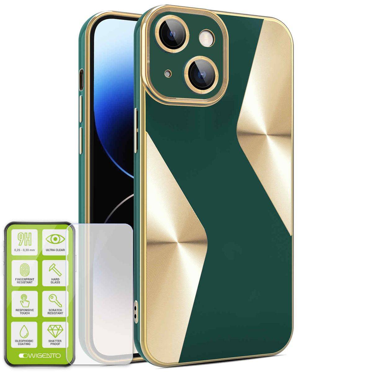 Für Apple iPhone 15 Plus Produktset Electroplated Silikon TPU + H9 Hart Glas Schutz Hülle Case Cover Etuis Zubehör Grün
