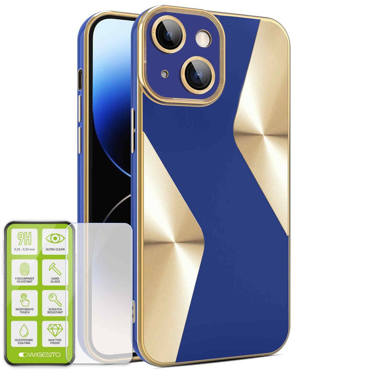 Für Apple iPhone 15 Plus Produktset Electroplated Silikon TPU + H9 Hart Glas Schutz Hülle Case Cover Zubehör Dunkelblau