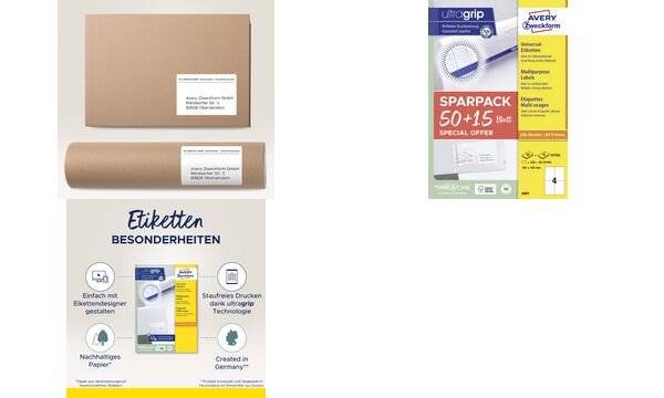 Avery Zweckform Avery 6603, Weiß, Selbstklebendes Druckeretikett, A4, Papier, Laser/Inkjet, Rechteck