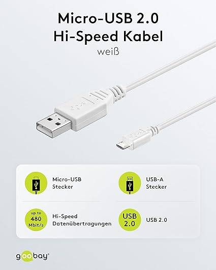 Goobay 96191 USB A auf Micro USB B Kabel / 480 Mbits Ladekabel USB 2.0 zu Micro USB Stecker Adapterkabel / Weiß / 0,3m