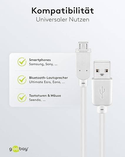 Goobay 96191 USB A auf Micro USB B Kabel / 480 Mbits Ladekabel USB 2.0 zu Micro USB Stecker Adapterkabel / Weiß / 0,3m