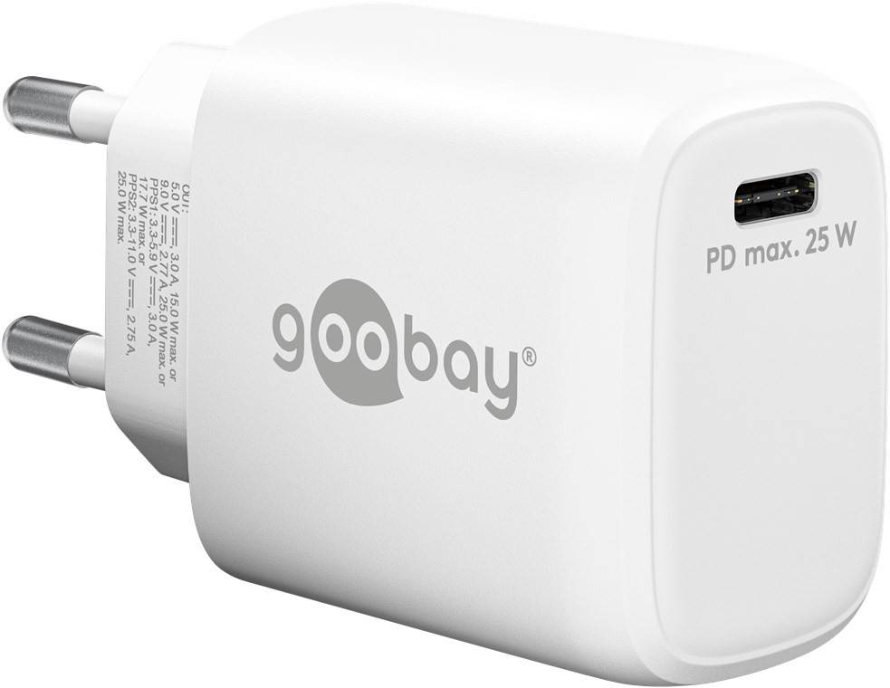 Goobay 65368 USB-C Netzteil 25W Power Delivery Charger / Universal Ladegerät Handy & Tablet / Mini USB-C Adapter / Weiß