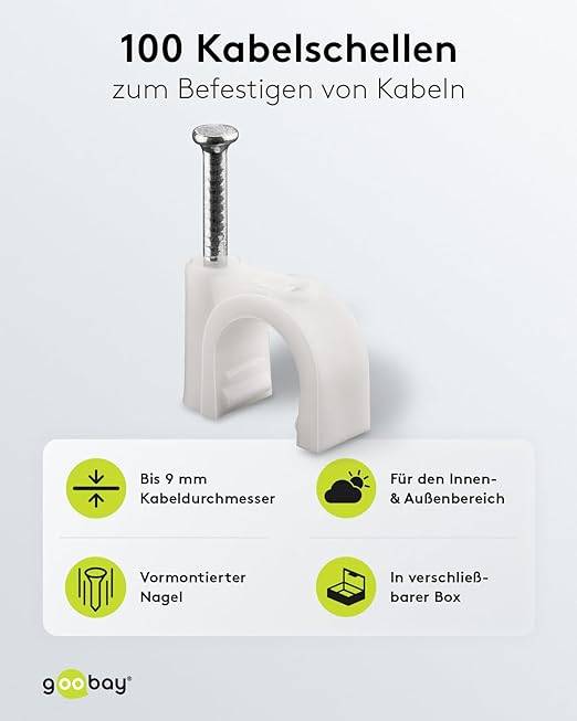 goobay 17081 Kabelschelle zur Kabel Befestigung / 9mm Durchmesser Kabelklemme mit Nagel / Rundschelle / 100 Stück / Weiß