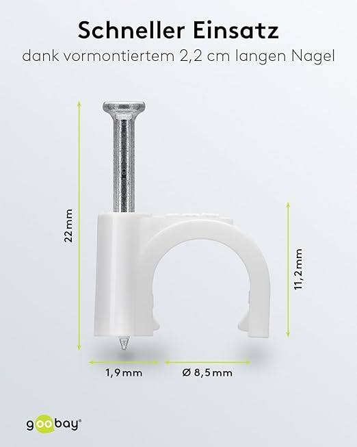 goobay 17081 Kabelschelle zur Kabel Befestigung / 9mm Durchmesser Kabelklemme mit Nagel / Rundschelle / 100 Stück / Weiß