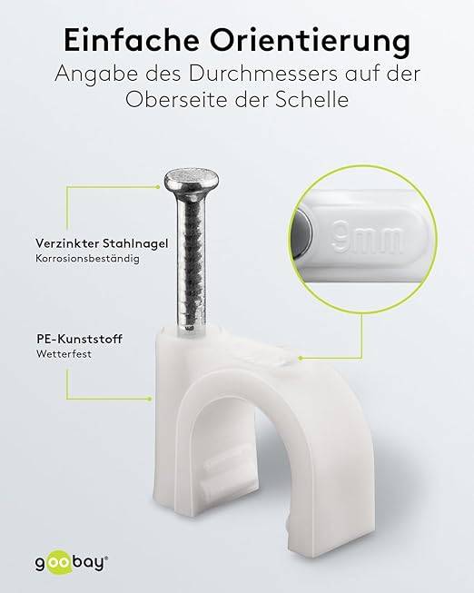 goobay 17081 Kabelschelle zur Kabel Befestigung / 9mm Durchmesser Kabelklemme mit Nagel / Rundschelle / 100 Stück / Weiß