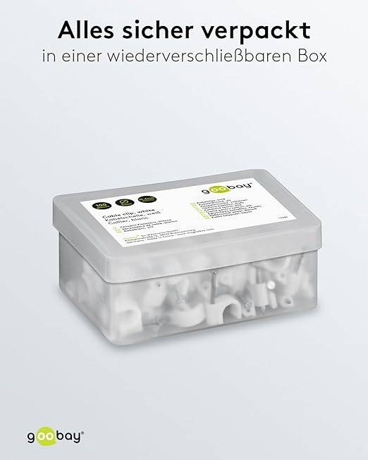 goobay 17081 Kabelschelle zur Kabel Befestigung / 9mm Durchmesser Kabelklemme mit Nagel / Rundschelle / 100 Stück / Weiß
