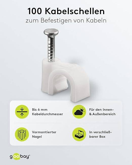 goobay 17078 Kabelschelle zur Kabel Befestigung / 6mm Durchmesser Kabelklemme mit Nagel / Rundschelle / 100 Stück / Weiß