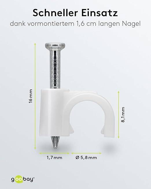 goobay 17078 Kabelschelle zur Kabel Befestigung / 6mm Durchmesser Kabelklemme mit Nagel / Rundschelle / 100 Stück / Weiß
