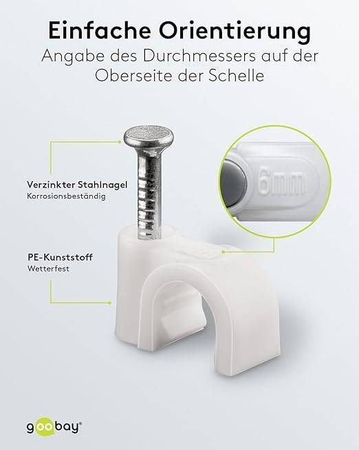 goobay 17078 Kabelschelle zur Kabel Befestigung / 6mm Durchmesser Kabelklemme mit Nagel / Rundschelle / 100 Stück / Weiß