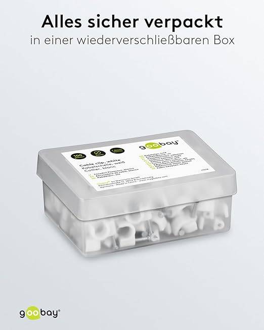 goobay 17078 Kabelschelle zur Kabel Befestigung / 6mm Durchmesser Kabelklemme mit Nagel / Rundschelle / 100 Stück / Weiß