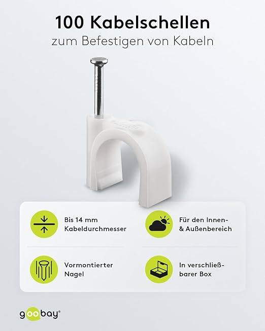 goobay 17084 Kabelschelle zur Kabel Befestigung / 14mm Durchmesser Kabelklemme mit Nagel Rundschelle / 100 Stück / Weiß