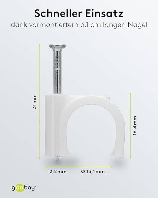 goobay 17084 Kabelschelle zur Kabel Befestigung / 14mm Durchmesser Kabelklemme mit Nagel Rundschelle / 100 Stück / Weiß