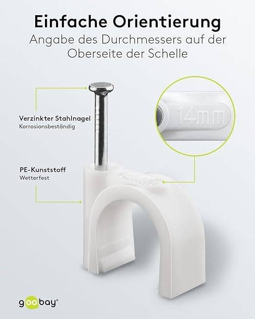 goobay 17084 Kabelschelle zur Kabel Befestigung / 14mm Durchmesser Kabelklemme mit Nagel Rundschelle / 100 Stück / Weiß