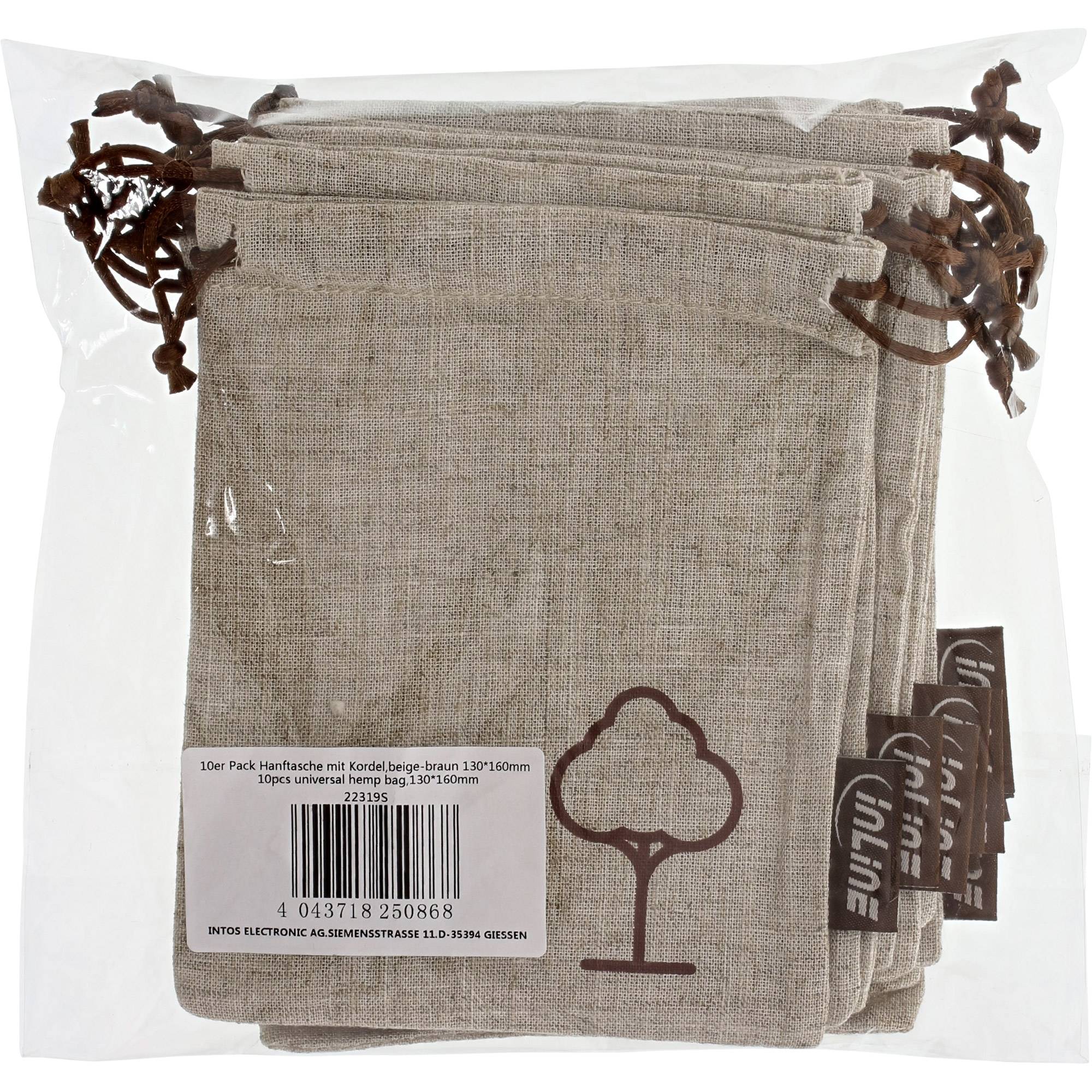 10er Pack InLine® Universal Hanftasche mit Kordel, beige-braun 160x130mm