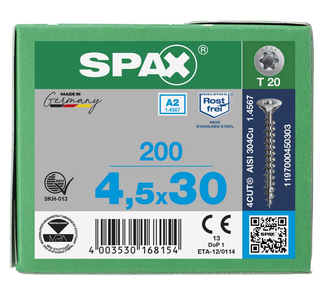 SPAX Universalschraube Holzschraube Edelstahl A2 Vollgewinde Senkkopf T-STAR plus CUT4-Spitze 4,5 x 30mm - 200 Stück