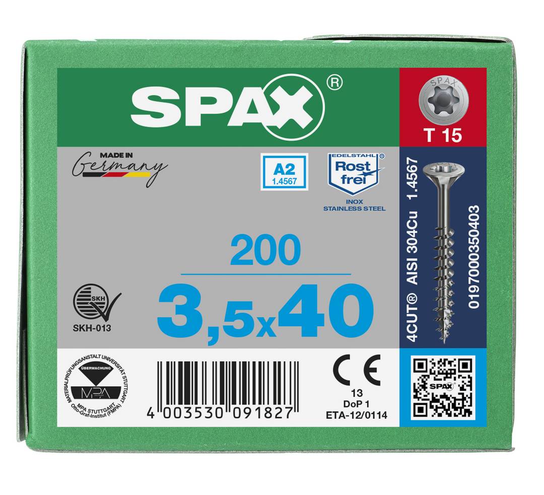 SPAX 0197000350403 Holzschraube 3.5mm 40mm T-STAR plus 88091 Edelstahl A2 200St.
