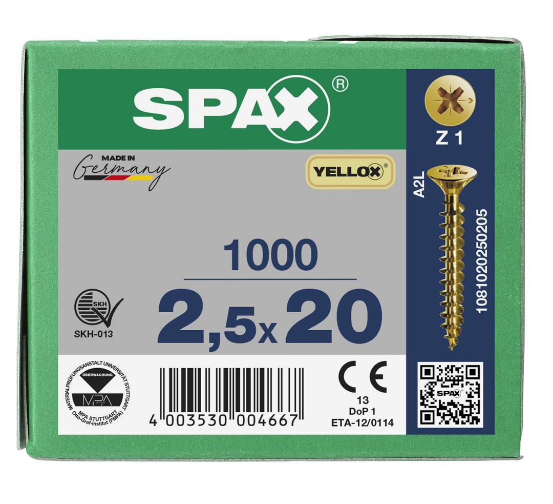 SPAX SPAX Seko-Z 1081020250205 Holzschraube 2.5 mm 20 mm Kreuzschlitz Pozidriv Stahl YELLOX 1000 St.