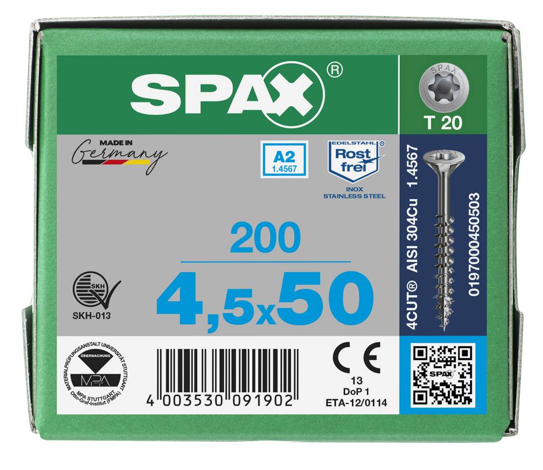 SPAX Universalschraube Holzschraube Edelstahl A2 Teilgewinde Senkkopf T-STAR plus 4CUT-Spitze 4,5 x 50mm - 200 Stück
