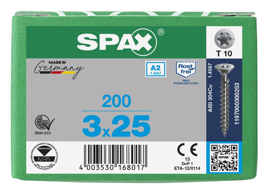SPAX Universalschraube Holzschraube Edelstahl A2 Vollgewinde Senkkopf T-STAR plus CUT4-Spitze 3 x 25mm - 200 Stück