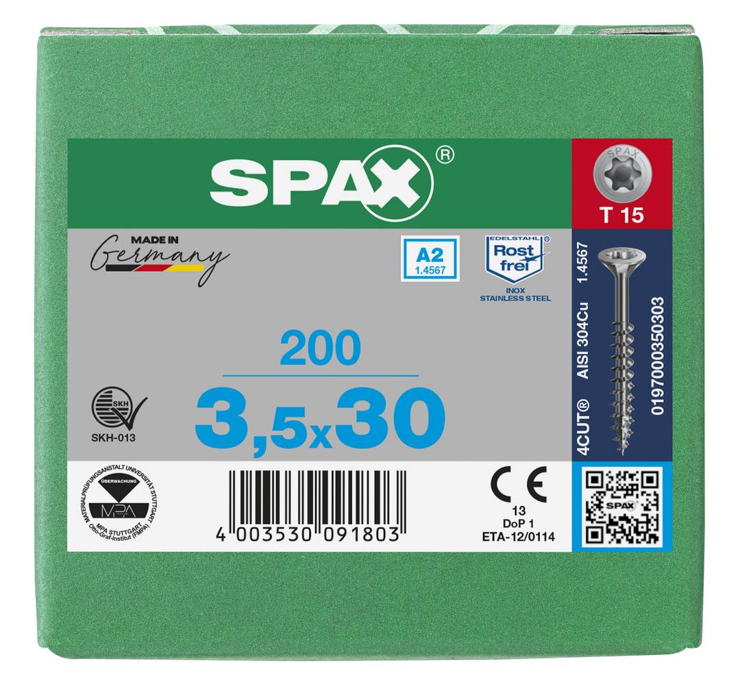 SPAX Universalschraube Holzschraube Edelstahl A2 Teilgewinde Senkkopf T-STAR plus 4CUT-Spitze 3,5 x 30mm - 200 Stück