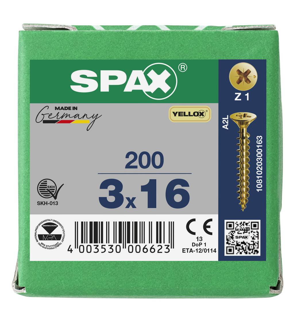 SPAX Universalschraube Holzschraube YELLOX Vollgewinde Senkkopf Kreuzschlitz CUT4-Spitze 3 x 16mm - 200 Stück