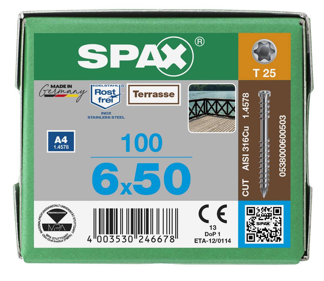SPAX Terrassenschraube Edelstahl A4 Fixiergewinde Zylinderkopf T-STAR plus CUT-Spitze 6 x 50mm - 100 Stück