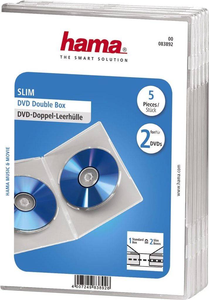 hama 00083892 DVD-Doppel-Leerhülle Slim, 5er-Pack, Transparent
