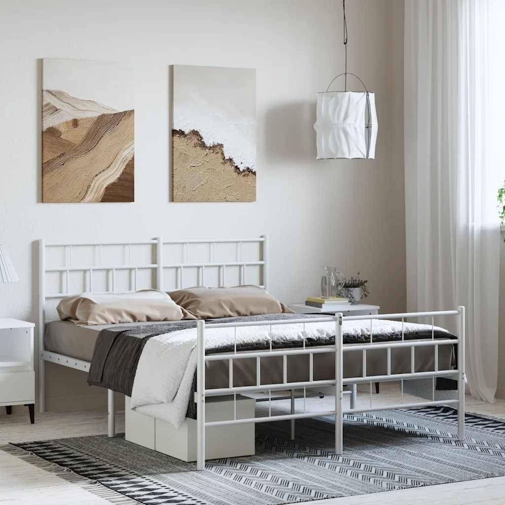 vidaXL Bettgestell mit Kopf- und Fußteil Metall Weiß 135x190 cm