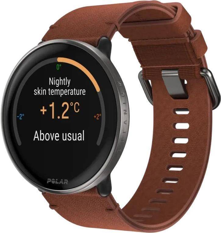 Smartwatch Polar Ignite 3 Titanium, Größe S-L, schwarzes Gehäuse mit braunem Lederarmband (zusätzlich ist ein schwarzes