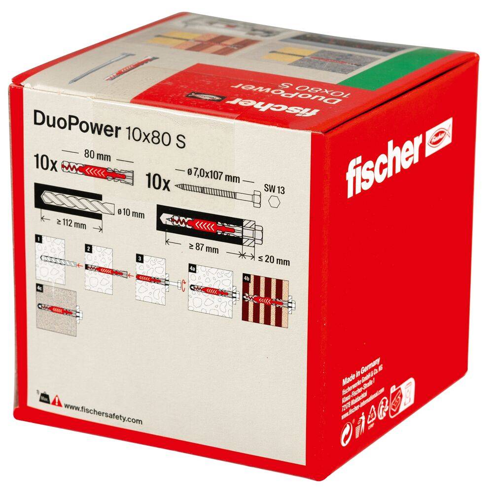 fischer DUOPOWER 10 x 80 S LD - Spreizdübel - Beton - Metall - Grau - Rot - 80