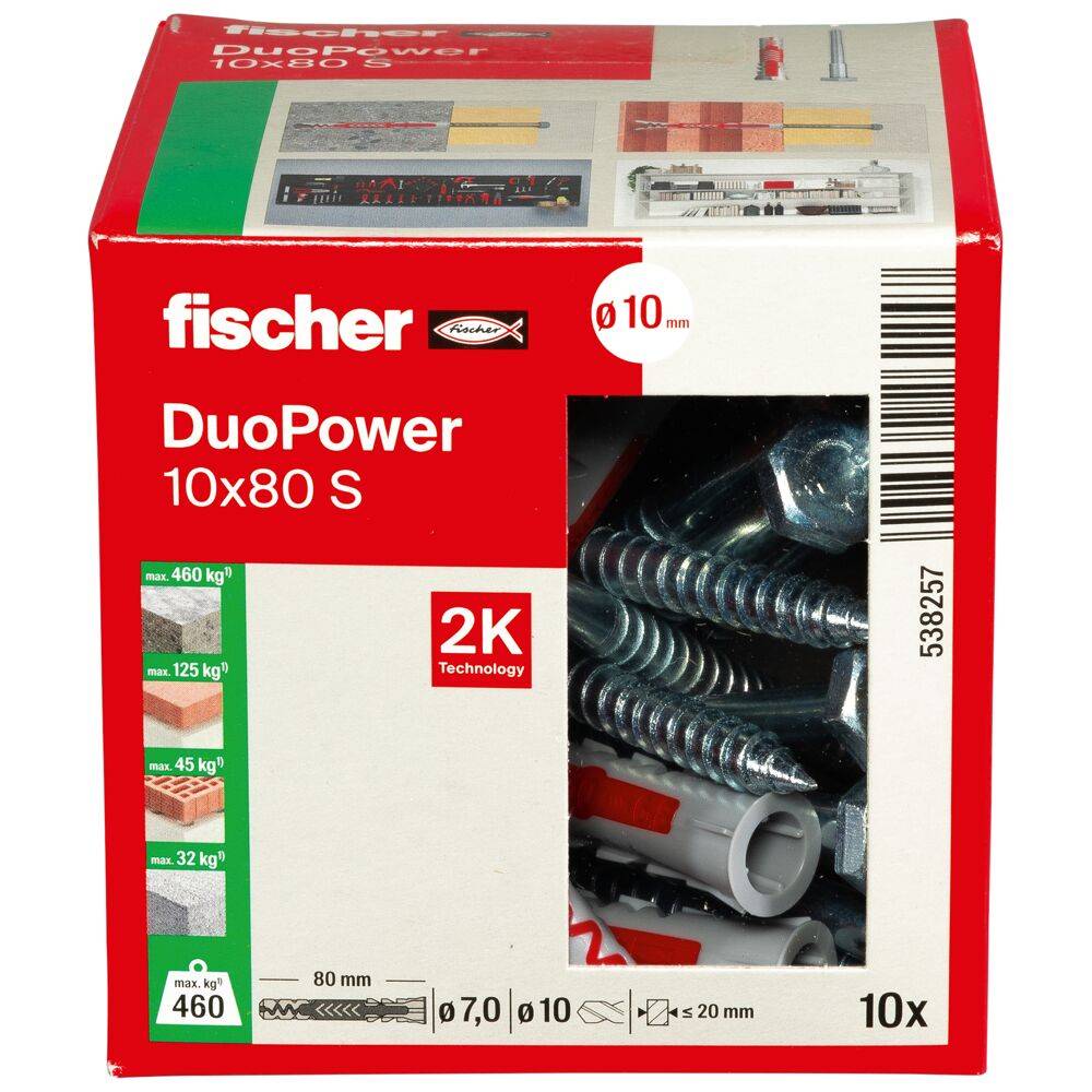 Fischer DUOPOWER 10 x 80 S LD, Spreizdübel, Beton, Metall, Grau, Rot, 80 mm, 1 cm