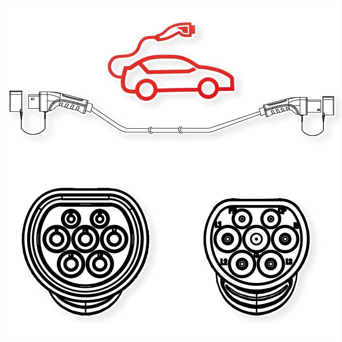 ROLINE E-Auto Ladekabel Typ2, 3-phasig, 480VAC (3P+N+E), 32 A, 22 kW, 7,5 m