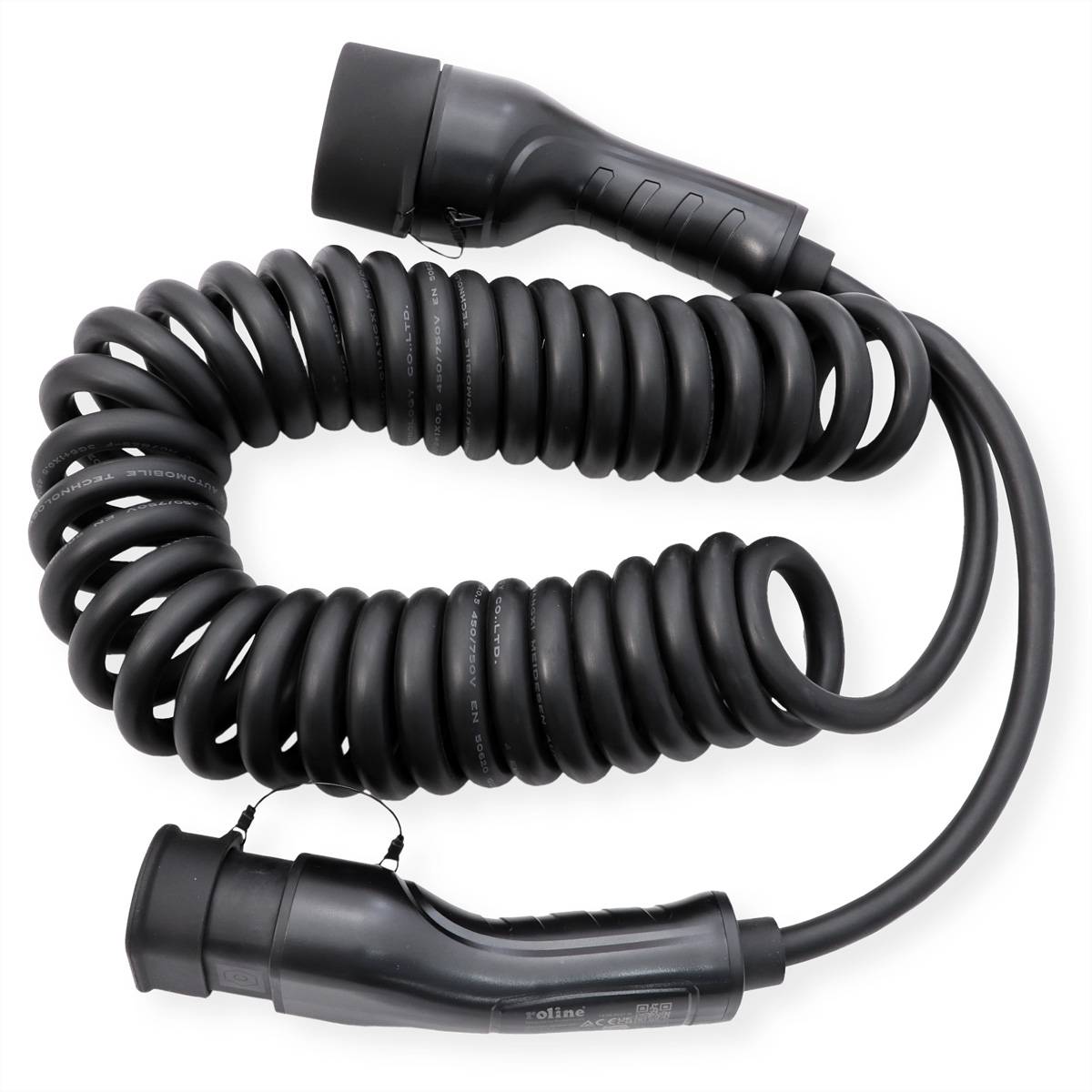 ROLINE E-Auto Ladekabel Typ2, 1-phasig, 250VAC (1P+N+E), 32 A, 7,4 kW, Spiralkabel, 7,5 m