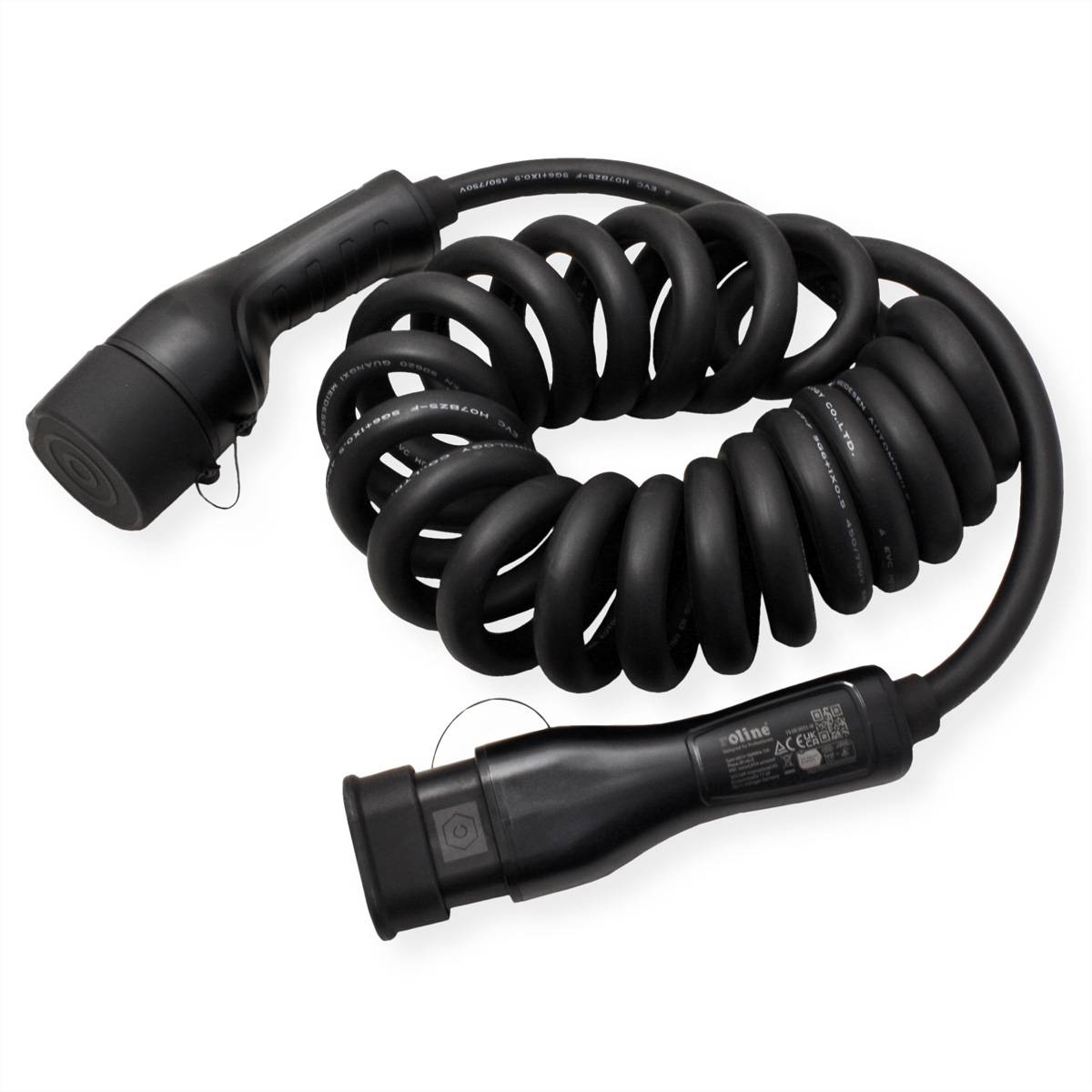 ROLINE E-Auto Ladekabel Typ2, 3-phasig, 480VAC (3P+N+E), 16 A, 11 kW, Spiralkabel, 5 m