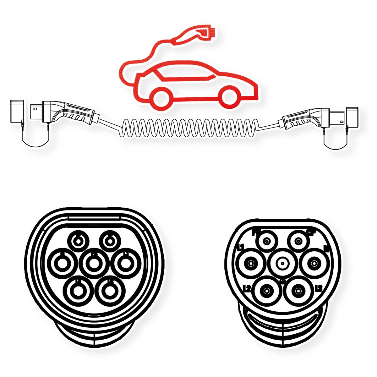 ROLINE E-Auto Ladekabel Typ2, 3-phasig, 480VAC (3P+N+E), 16 A, 11 kW, Spiralkabel, 7,5 m