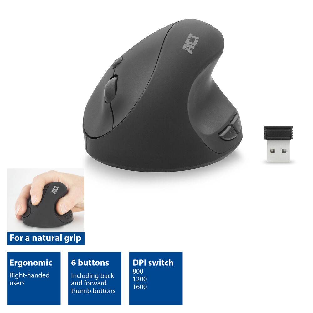 ACT AC5101 Wireless Ergonomic Mouse | 1600 DPI | Vertikal | 6 Tasten | Schwarz