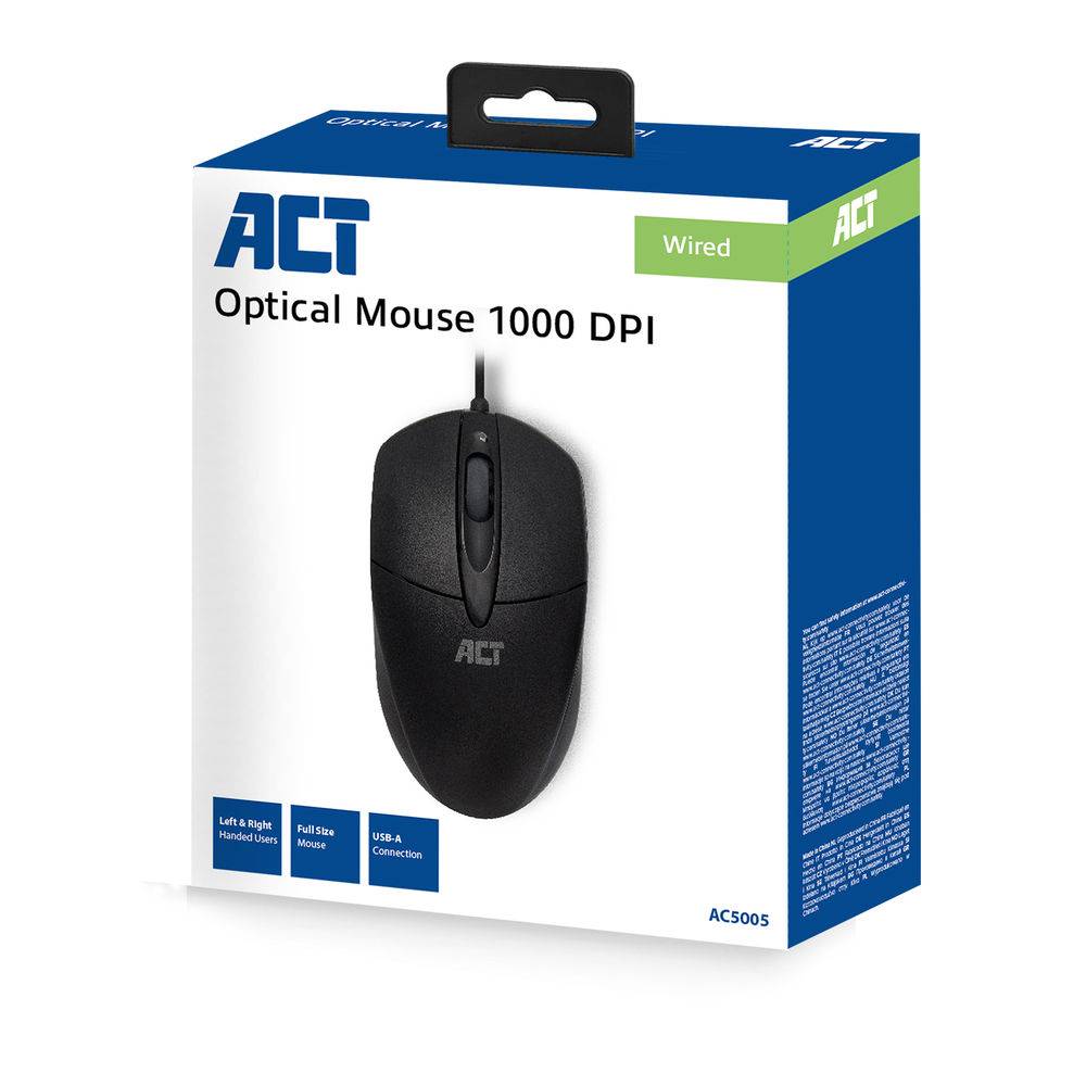 ACT AC5005 Optische Maus | Kabelgebunden | USB | 1000 dpi | Links- und Rechtshänder | Schwarz