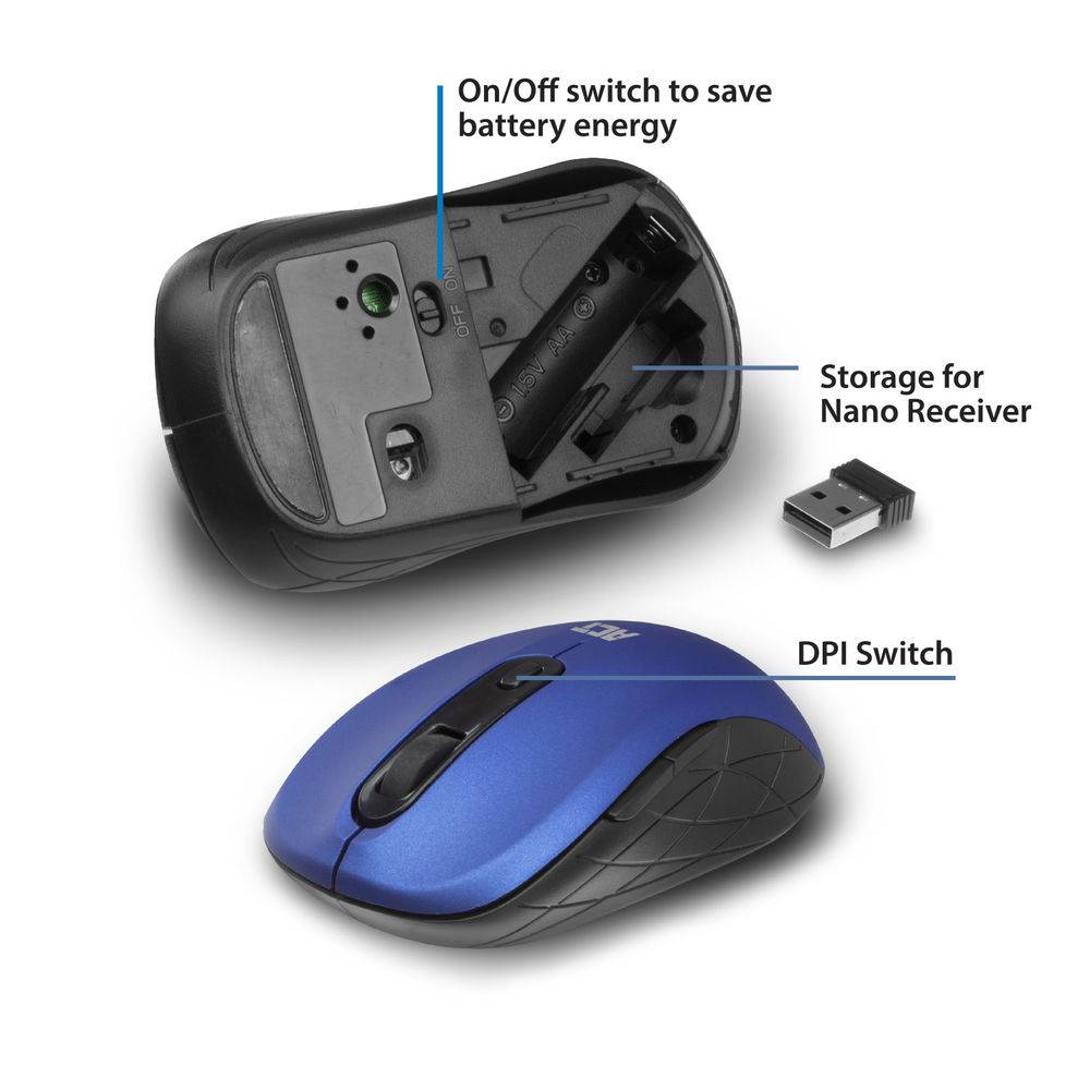 ACT AC5140 Wireless Mouse | Einstellbare DPI 1000-1600 | USB-Nano-Empfänger | Blau