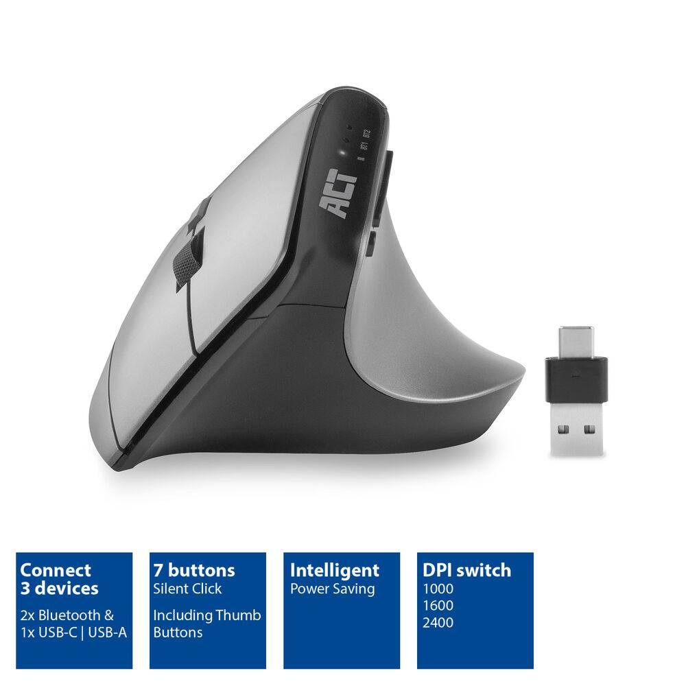 ACT AC5155 Kabellose ergonomische Maus | Bluetooth | USB-C/USB-A | 2400 DPI | Max. 3 Geräte
