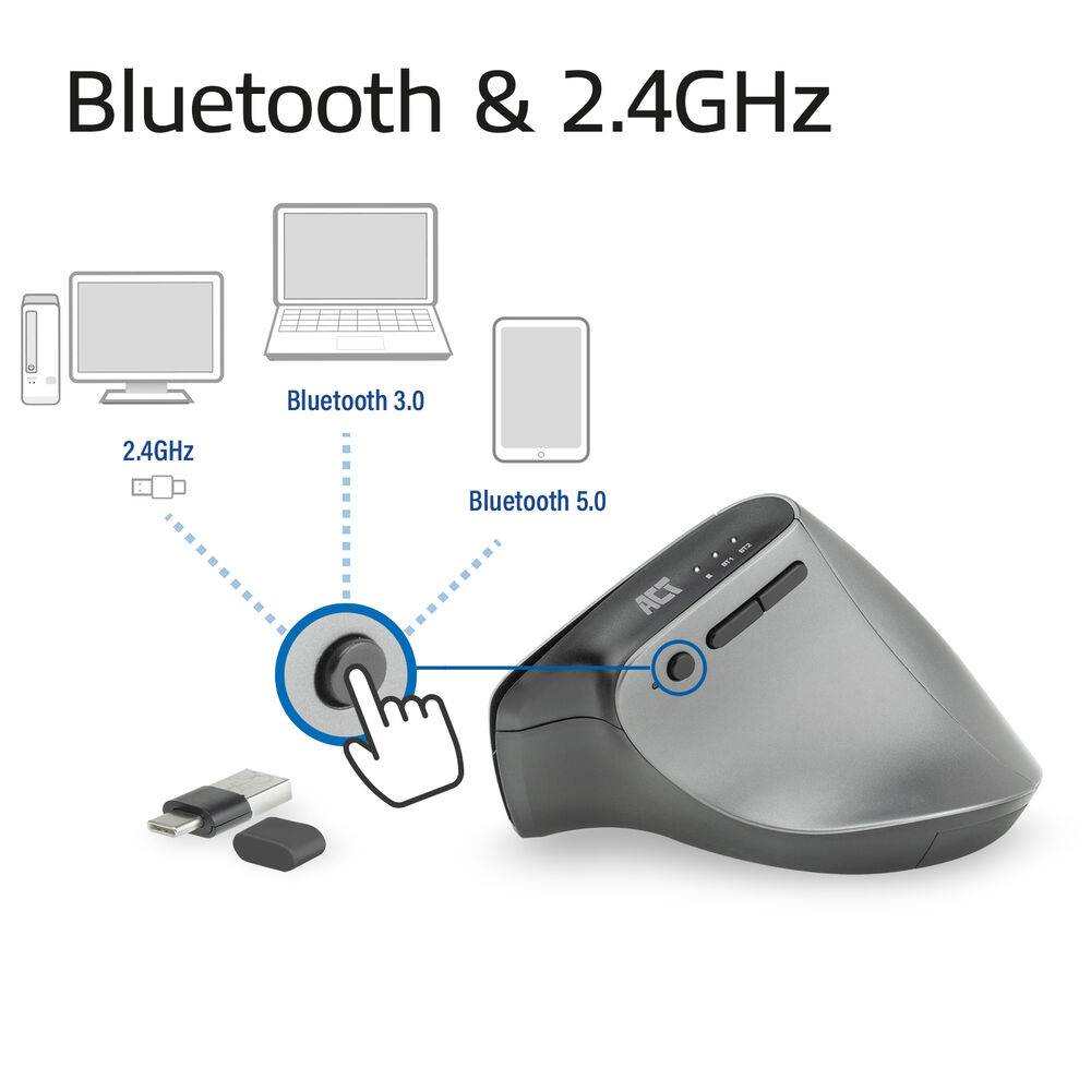 ACT AC5155 Kabellose ergonomische Maus | Bluetooth | USB-C/USB-A | 2400 DPI | Max. 3 Geräte