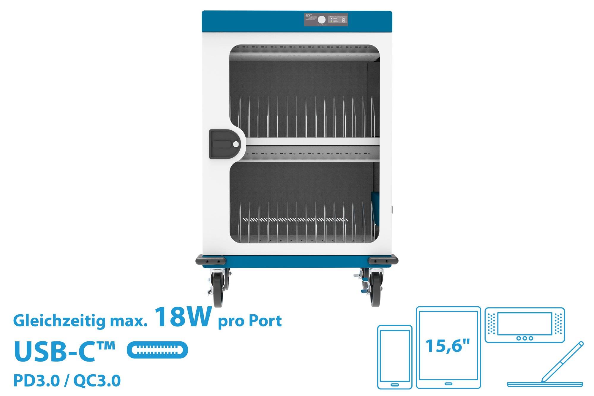 Good Connections® Ladewagen für 32 Geräte, USB-C™, 18W pro Port, PD 3.0, QC 3.0, weiß/blau